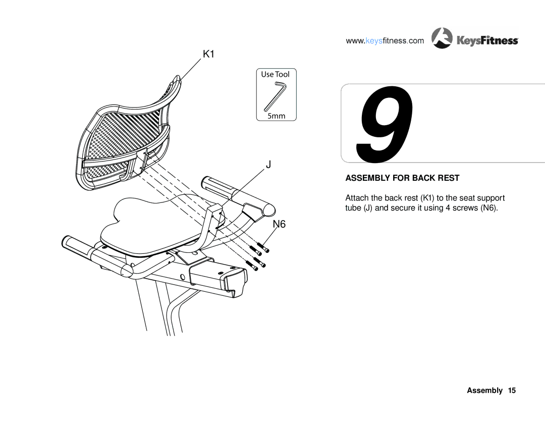 Keys Fitness KF-R2.0 owner manual Assembly for Back Rest 