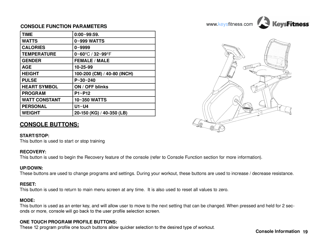 Keys Fitness KF-R2.0 owner manual Console Function Parameters, Www . keysfitness.com 