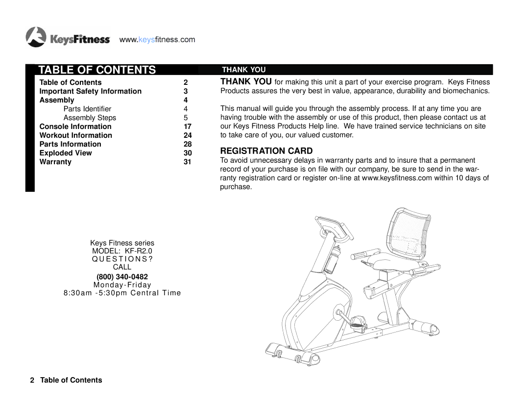 Keys Fitness KF-R2.0 owner manual Table of Contents 