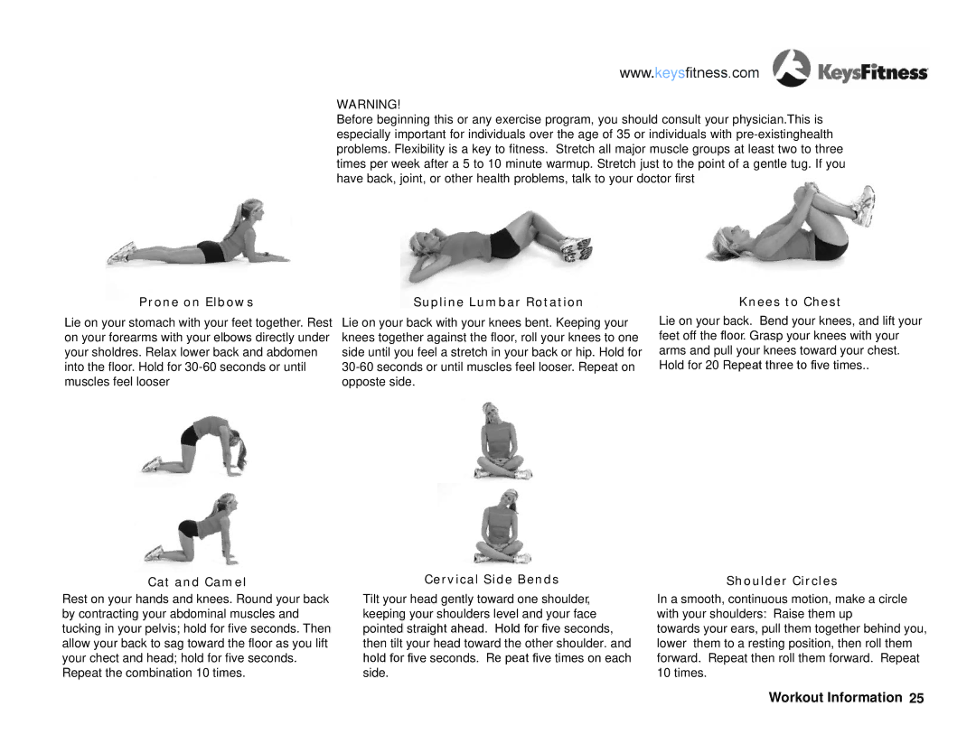 Keys Fitness KF-R2.0 owner manual Prone on Elbows Supline Lumbar Rotation Knees to Chest 