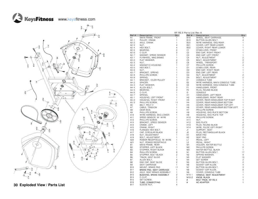 Keys Fitness KF-R2.0 owner manual Exploded View / Parts List 