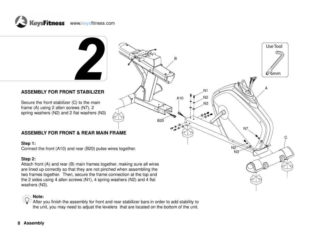 Keys Fitness KF-R2.0 owner manual Assembly for Front Stabilizer, Assembly for Front & Rear Main Frame 