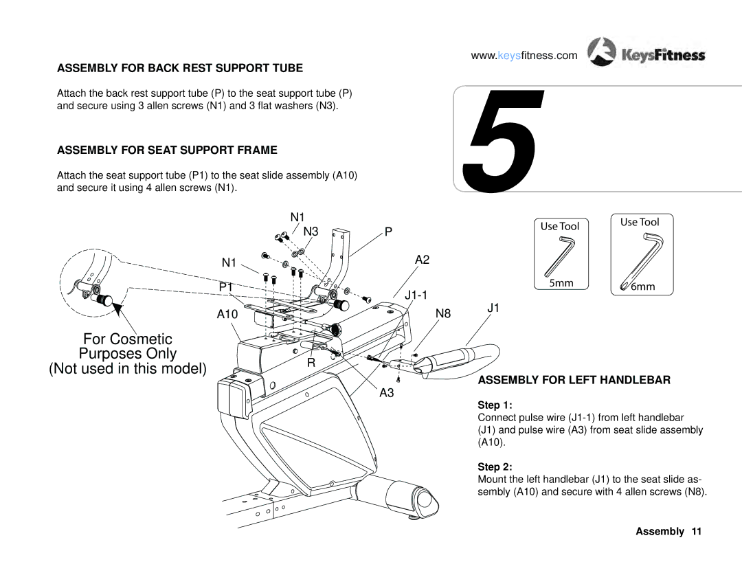 Keys Fitness KF-R4.0 Assembly for Back Rest Support Tube, Assembly for Seat Support Frame, Assembly for Left Handlebar 