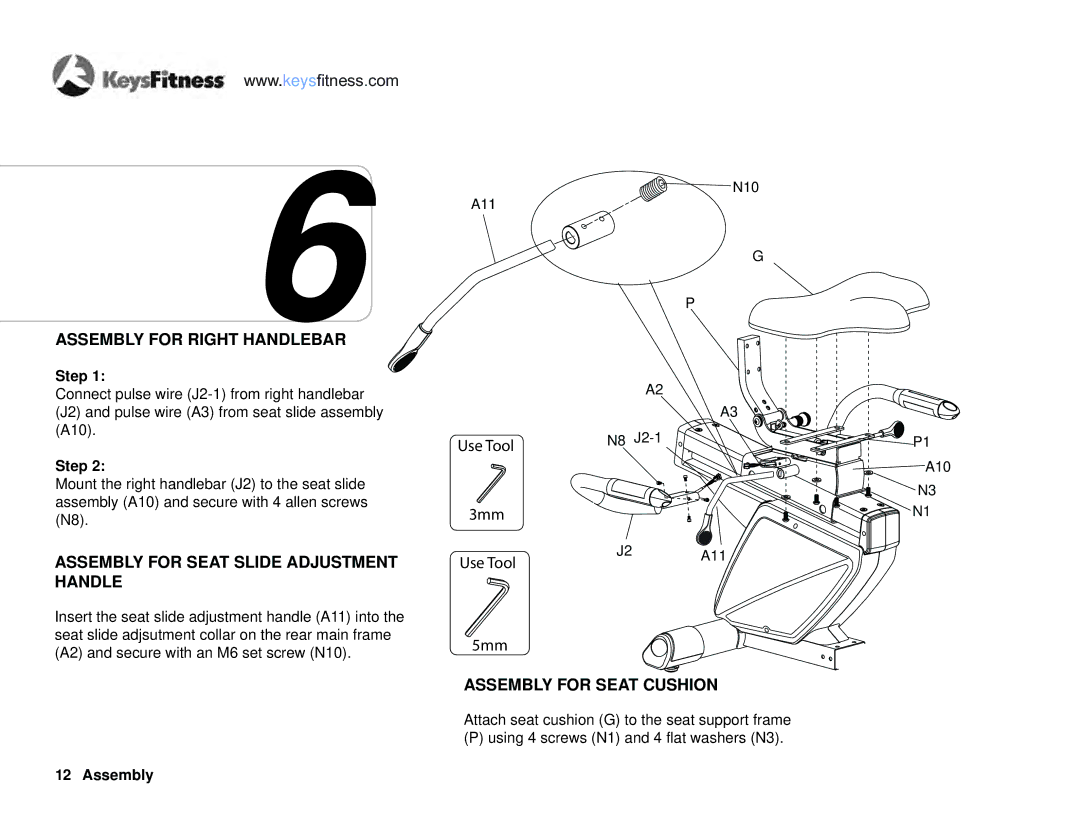 Keys Fitness KF-R4.0 Assembly for Right Handlebar, Assembly for Seat Slide Adjustment Handle, Assembly for Seat Cushion 