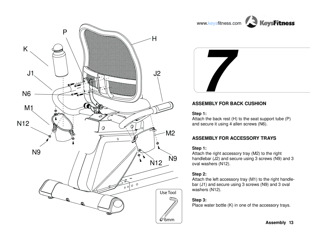 Keys Fitness KF-R4.0 owner manual Assembly for Back Cushion, Assembly for Accessory Trays 