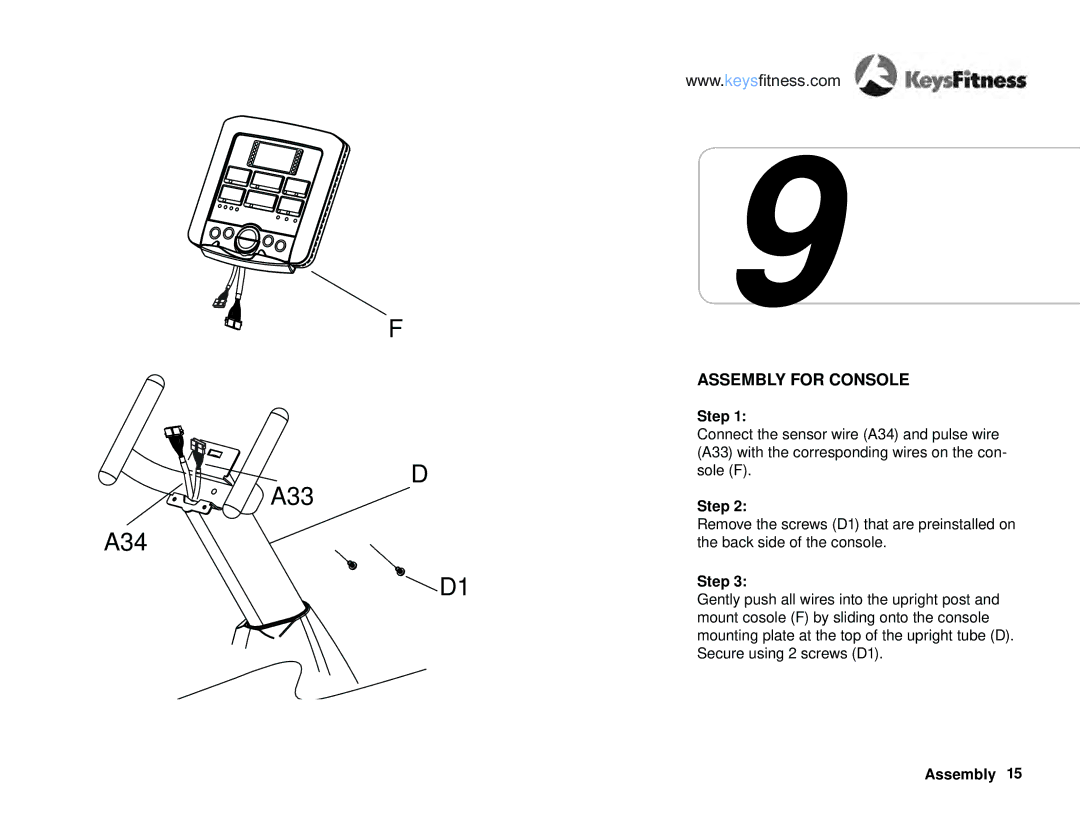 Keys Fitness KF-R4.0 owner manual A33 A34, Assembly for Console 