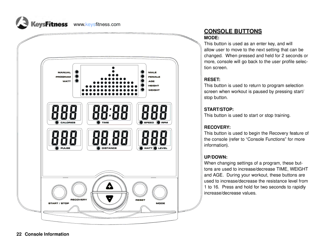 Keys Fitness KF-R4.0 owner manual Console Buttons 