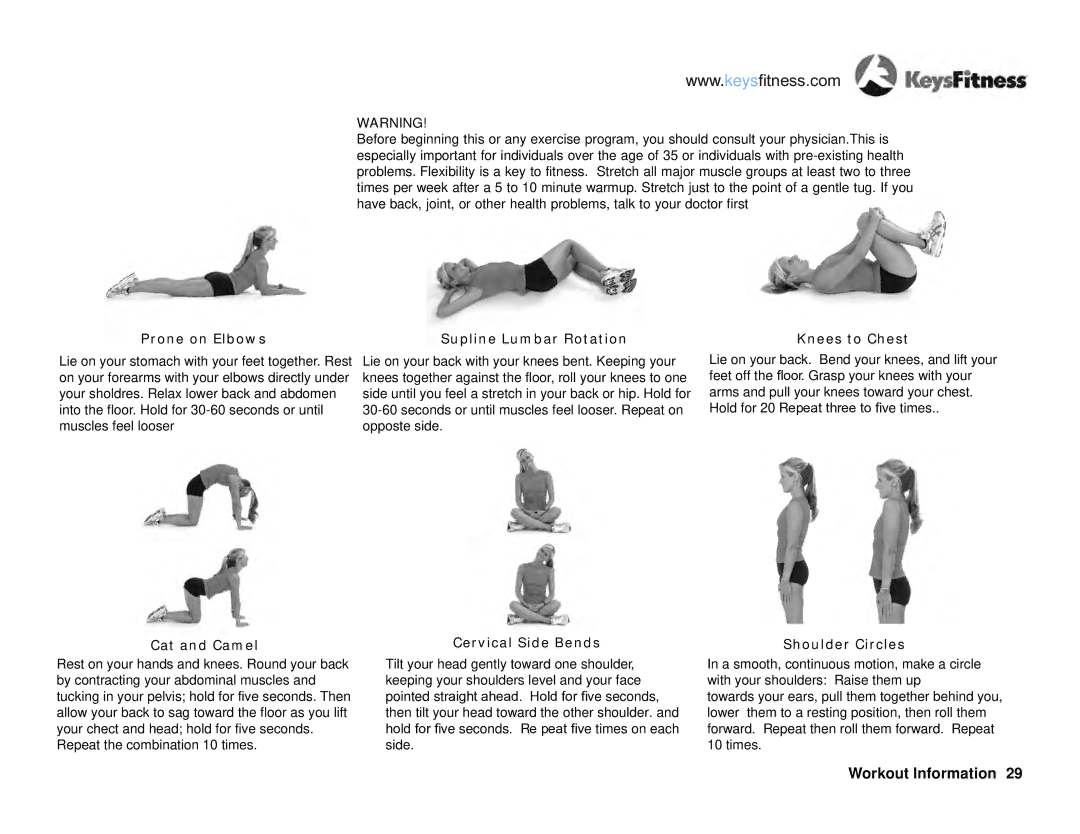 Keys Fitness KF-R4.0 owner manual Prone on Elbows Supline Lumbar Rotation Knees to Chest 