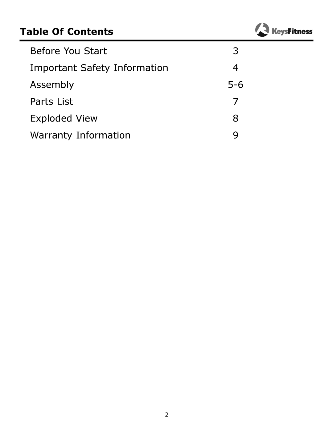 Keys Fitness KF-SPC owner manual Table Of Contents 