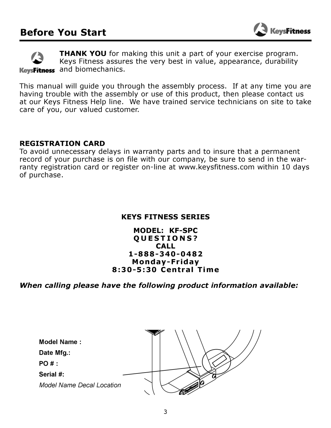 Keys Fitness KF-SPC owner manual Before You Start 