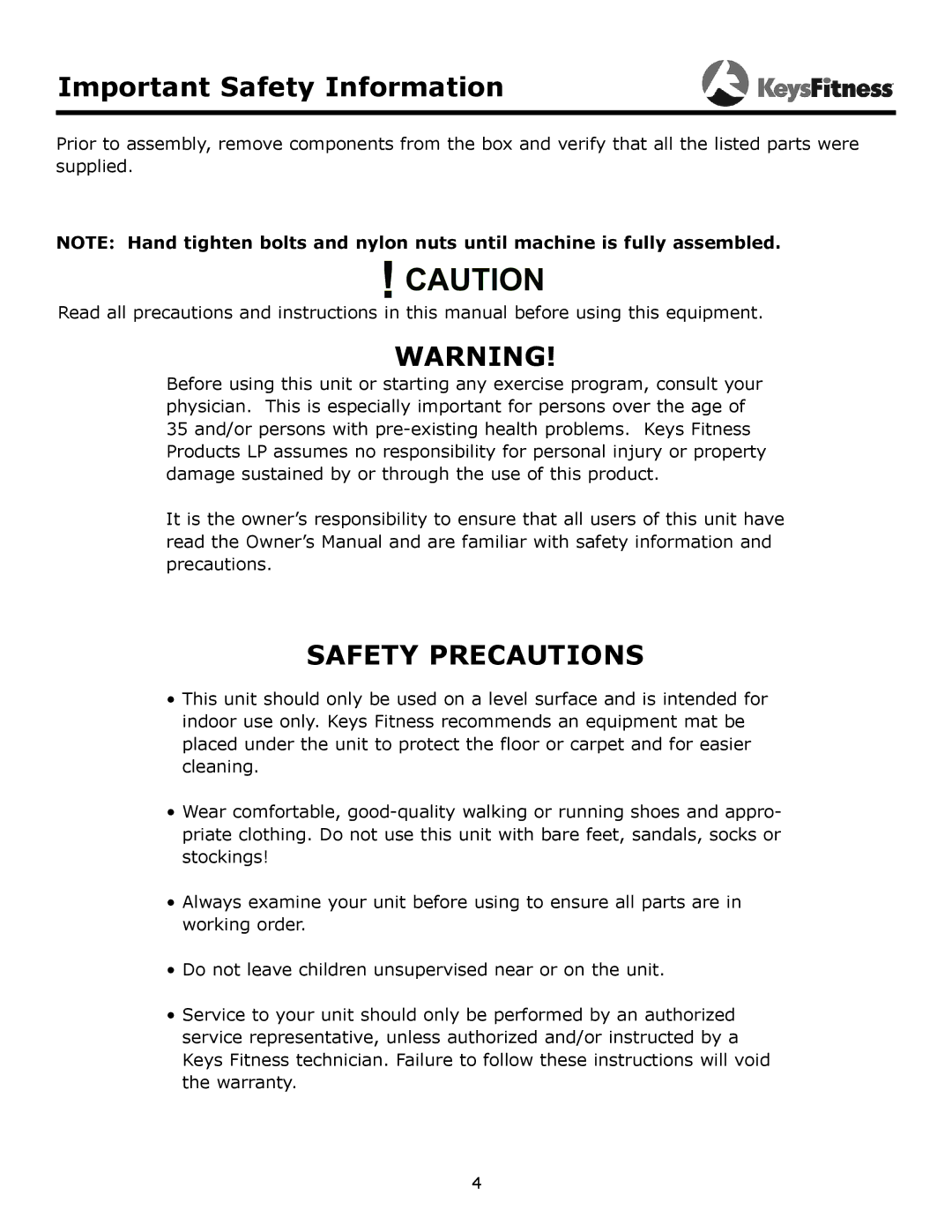 Keys Fitness KF-SPC owner manual Important Safety Information, Safety Precautions 