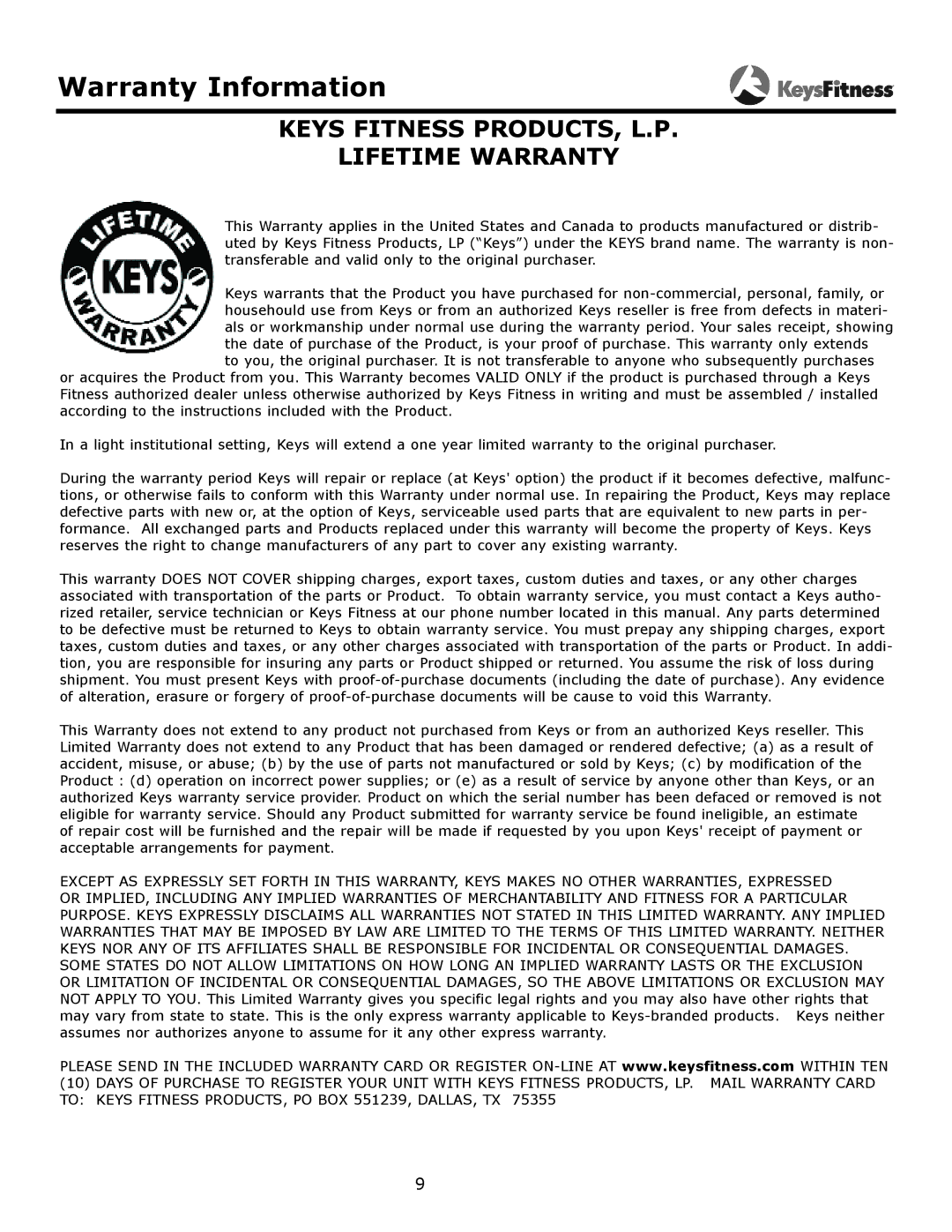 Keys Fitness KF-SPC owner manual Warranty Information, Keys Fitness PRODUCTS, L.P Lifetime Warranty 