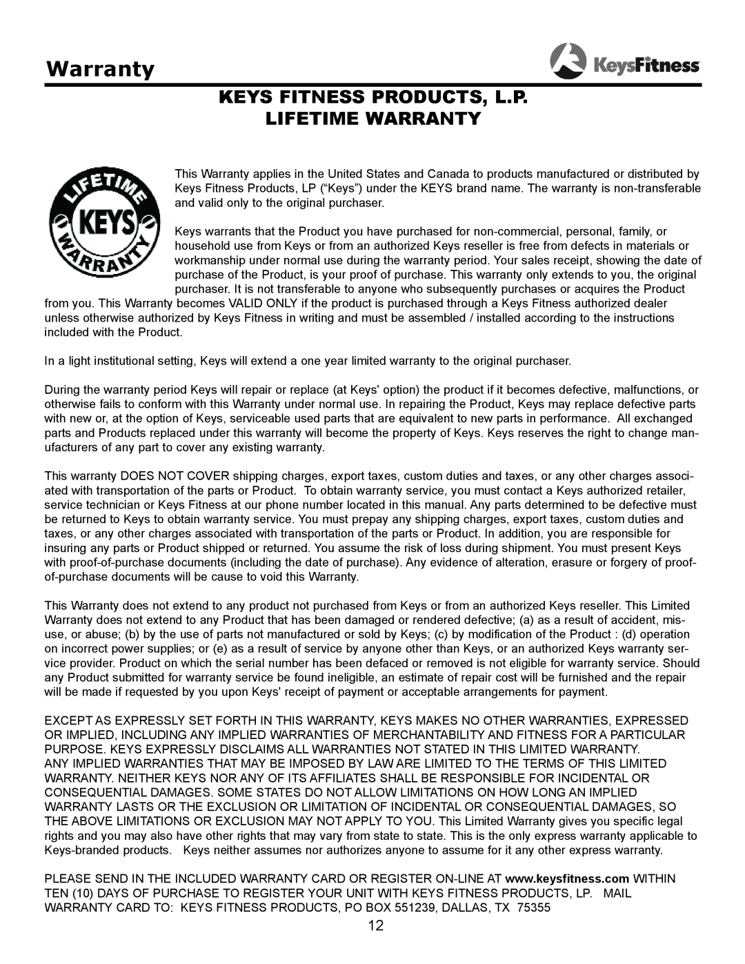 Keys Fitness KF-SS owner manual Keys Fitness Products, L.P Lifetime Warranty 