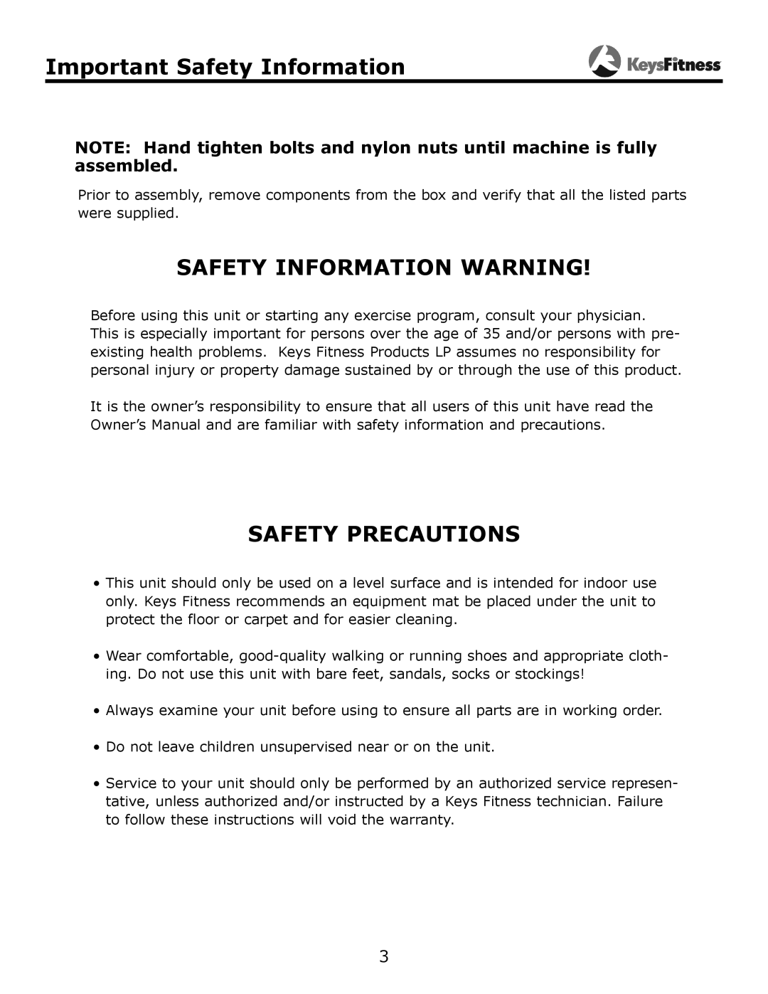 Keys Fitness KF-SS owner manual Important Safety Information, Safety Information Warning, Safety Precautions 