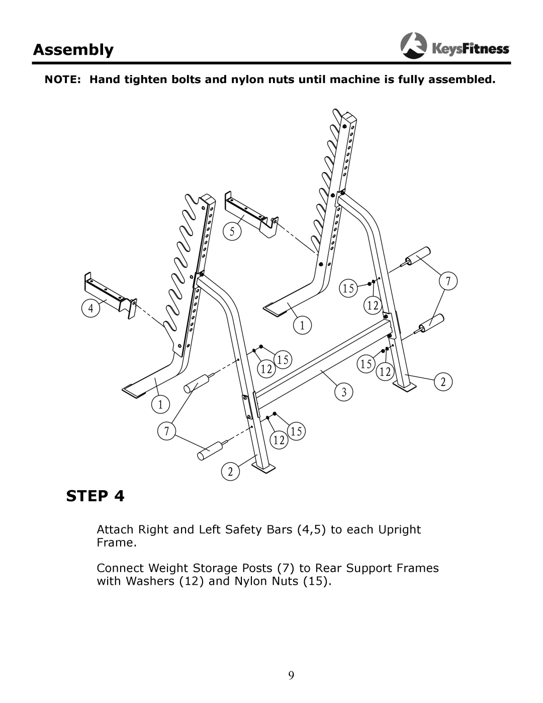 Keys Fitness KF-SS owner manual Assembly, Step, Attach Right and Left Safety Bars 4,5 to each Upright Frame 