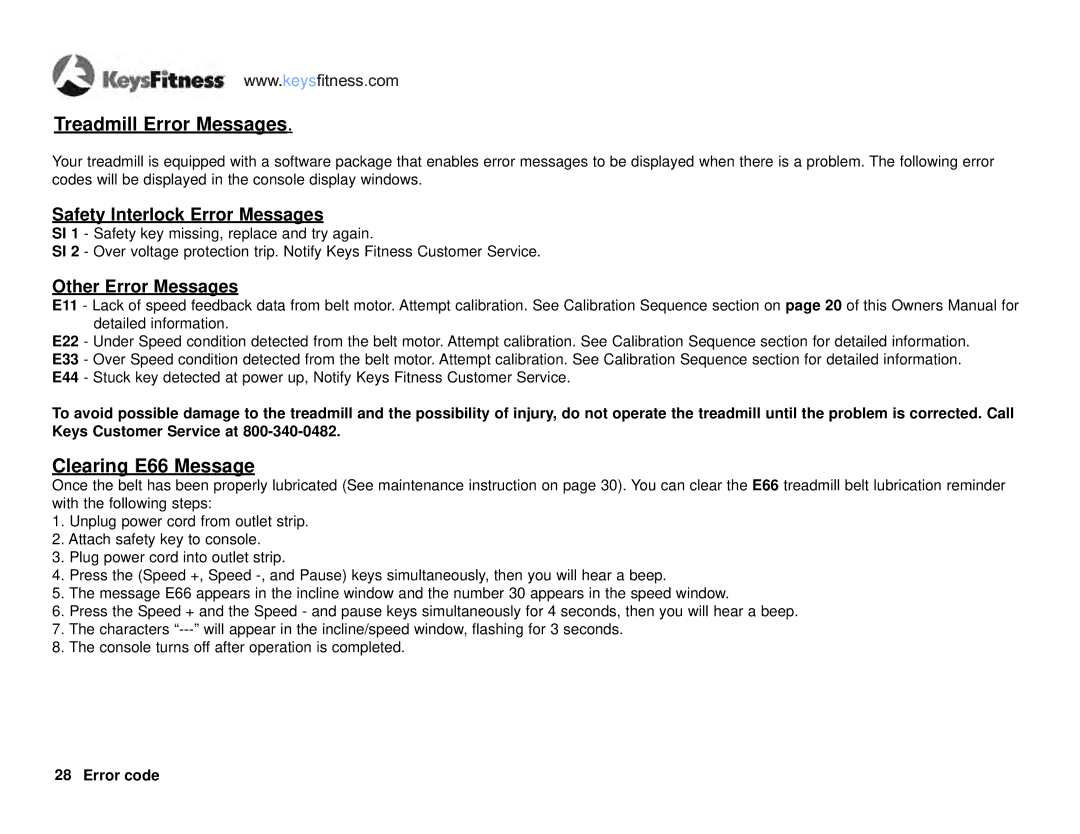 Keys Fitness KF-T2-0 Treadmill Error Messages, Clearing E66 Message, Safety Interlock Error Messages, Other Error Messages 