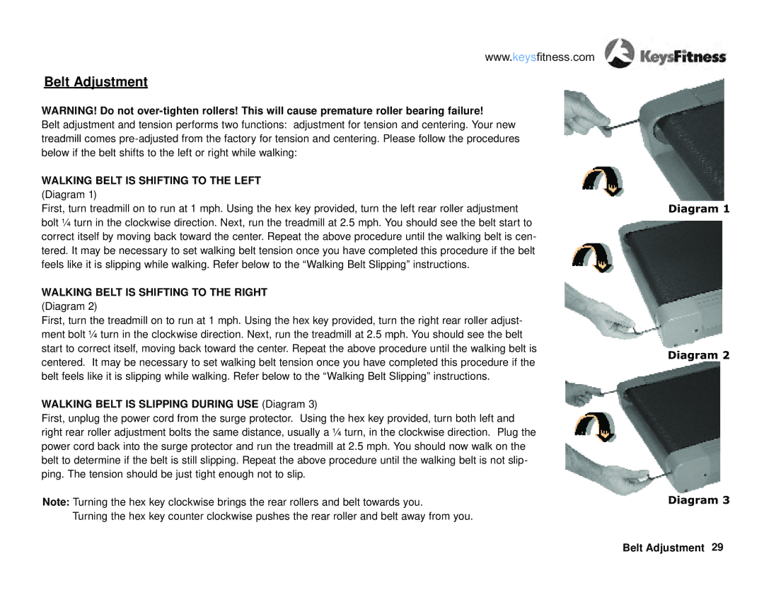 Keys Fitness KF-T2-0 owner manual Belt Adjustment, Walking Belt is Slipping During USE Diagram 