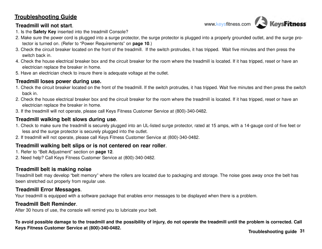Keys Fitness KF-T2-0 owner manual Troubleshooting Guide 