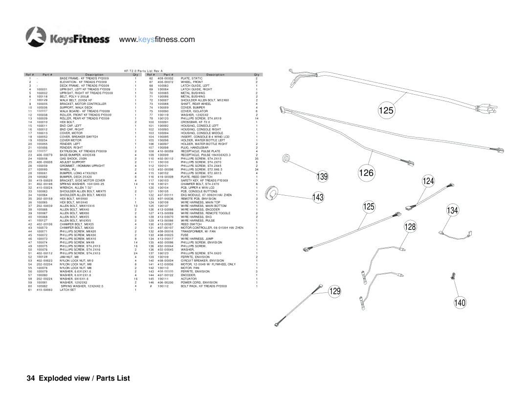 Keys Fitness KF-T2-0 owner manual Exploded view / Parts List, KF-T2.0 Parts List Rev a Ref # Description Qty 