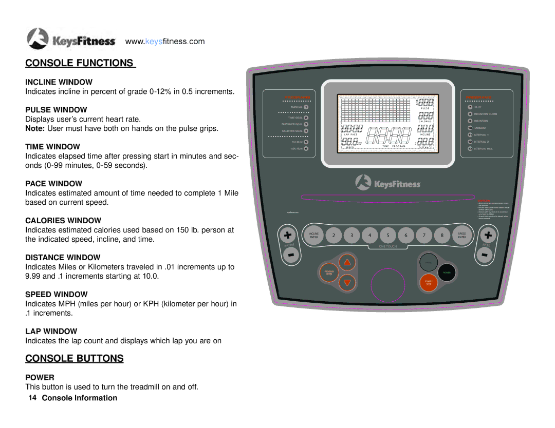 Keys Fitness KF-T4-0 owner manual Console Functions, Console Information 