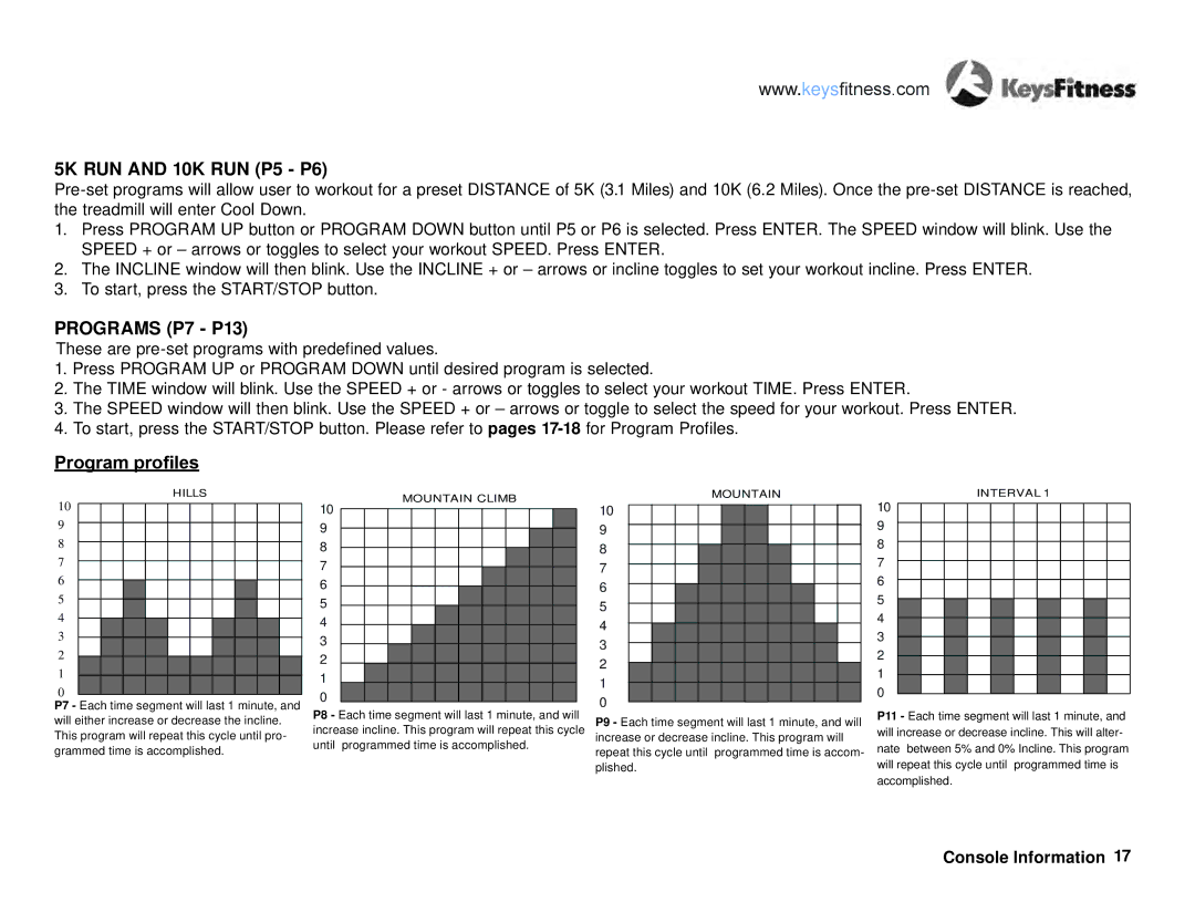 Keys Fitness KF-T4-0 owner manual 5K RUN and 10K RUN P5 P6, Programs P7 P13 