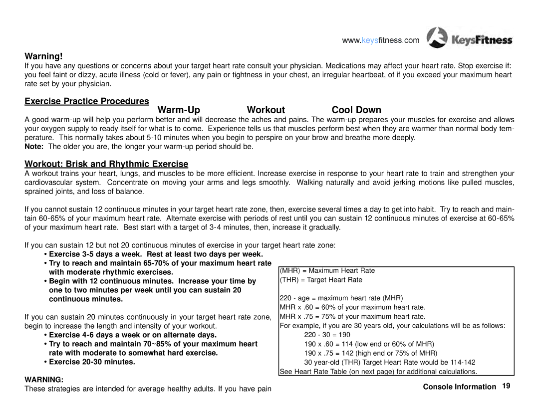 Keys Fitness KF-T4-0 owner manual Workout, Cool Down 