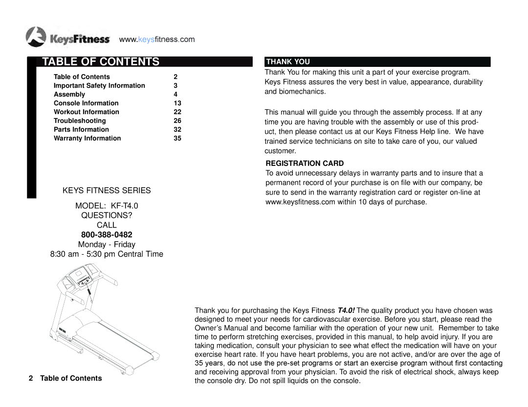 Keys Fitness KF-T4-0 owner manual Table of Contents 