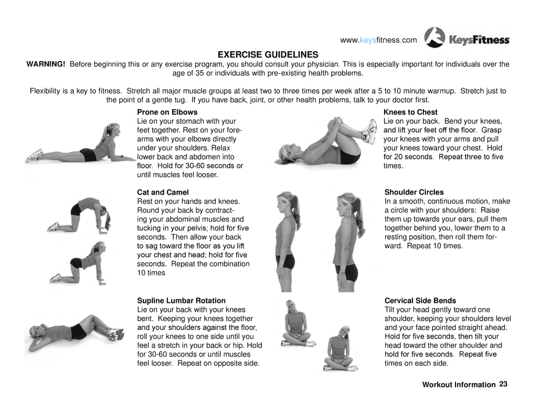 Keys Fitness KF-T4-0 owner manual Prone on Elbows, Cat and Camel, Knees to Chest, Shoulder Circles, Supline Lumbar Rotation 