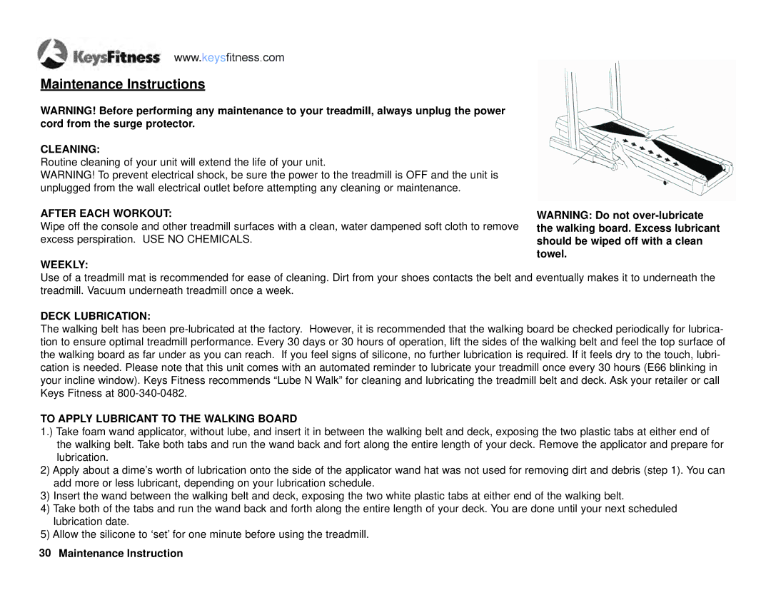 Keys Fitness KF-T4-0 owner manual Maintenance Instructions 