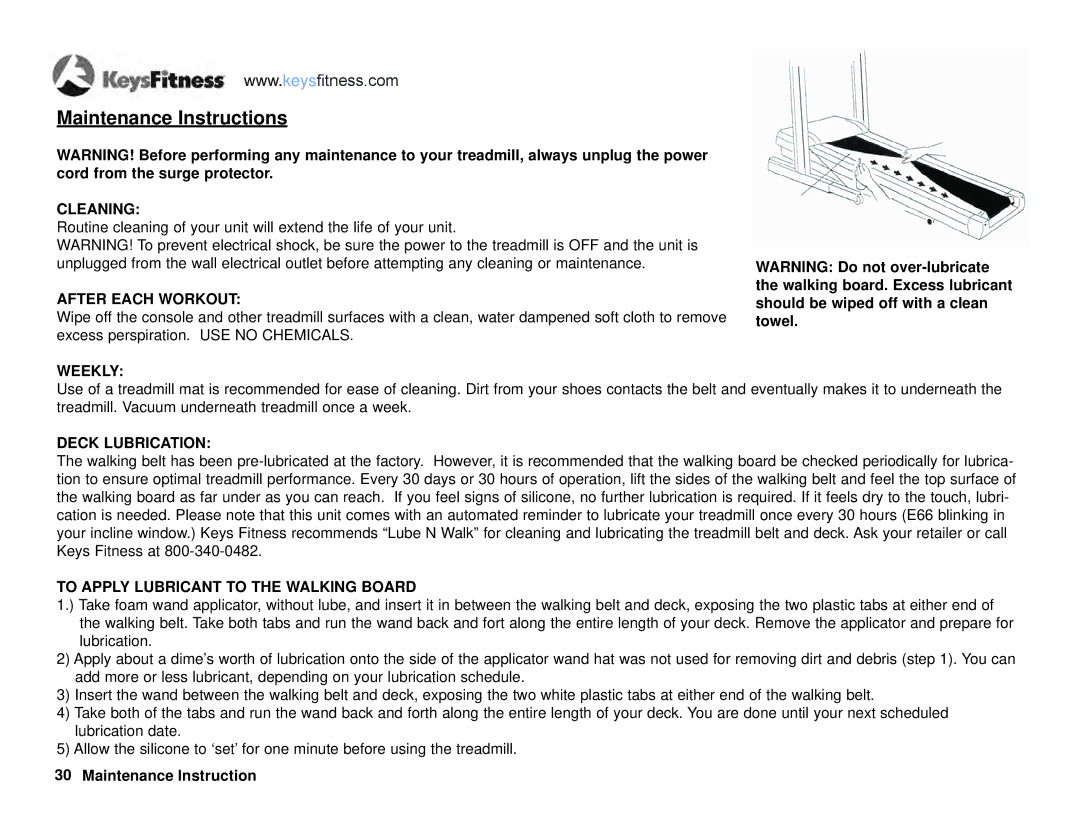 Keys Fitness KF-T6.0 owner manual Maintenance Instructions 