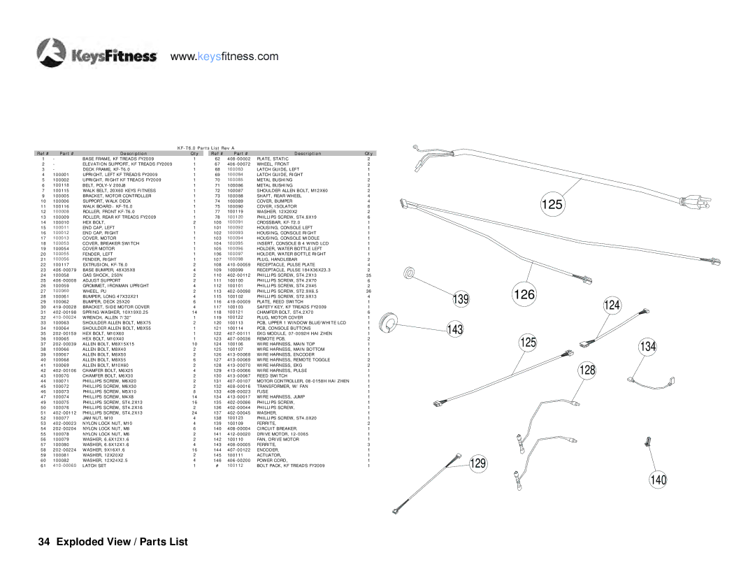 Keys Fitness owner manual Exploded View / Parts List, KF-T6.0 Parts List Rev a Ref # Description Qty 