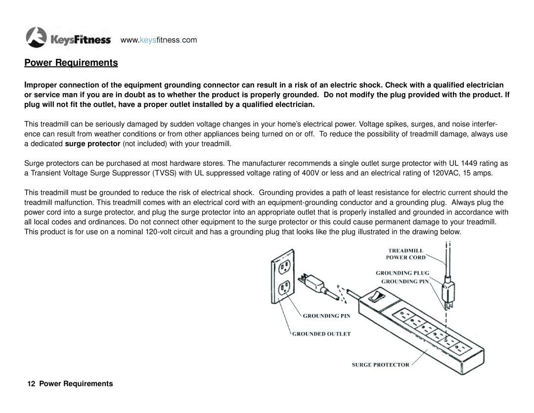 Keys Fitness KF-T6.0 owner manual Power Requirements 