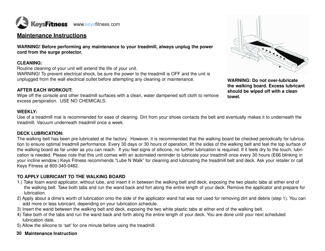 Keys Fitness KF-T6.0 owner manual Maintenance Instructions, Cleaning, After Each Workout, Weekly, Deck Lubrication 