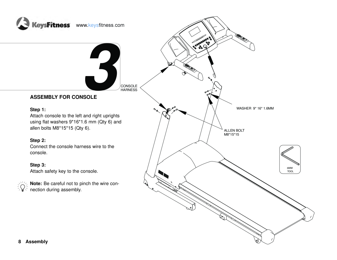 Keys Fitness KF-T6.0 owner manual Assembly For Console, Step, 3CONSOLE HARNESS, WASHER 9* 16* 1.6MM ALLEN BOLT M8*15*15 