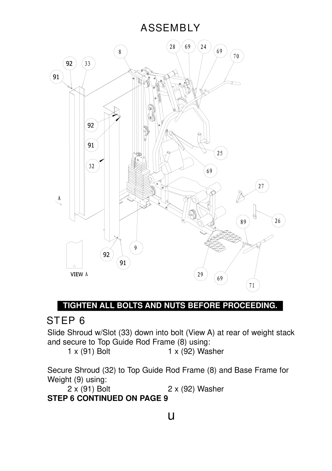 Keys Fitness KPS-1500 manual Tighten ALL Bolts and Nuts Before Proceeding 