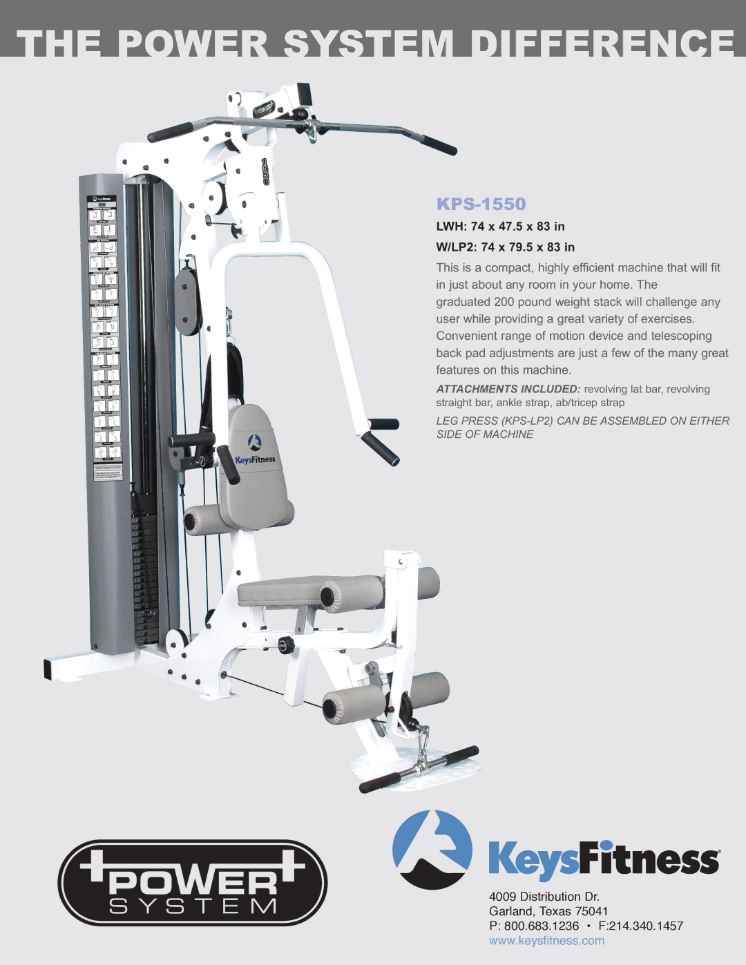 Keys Fitness KPS-1550 manual Power System Difference, LWH 74 x 47.5 x 83 LP2 74 x 79.5 x 83 