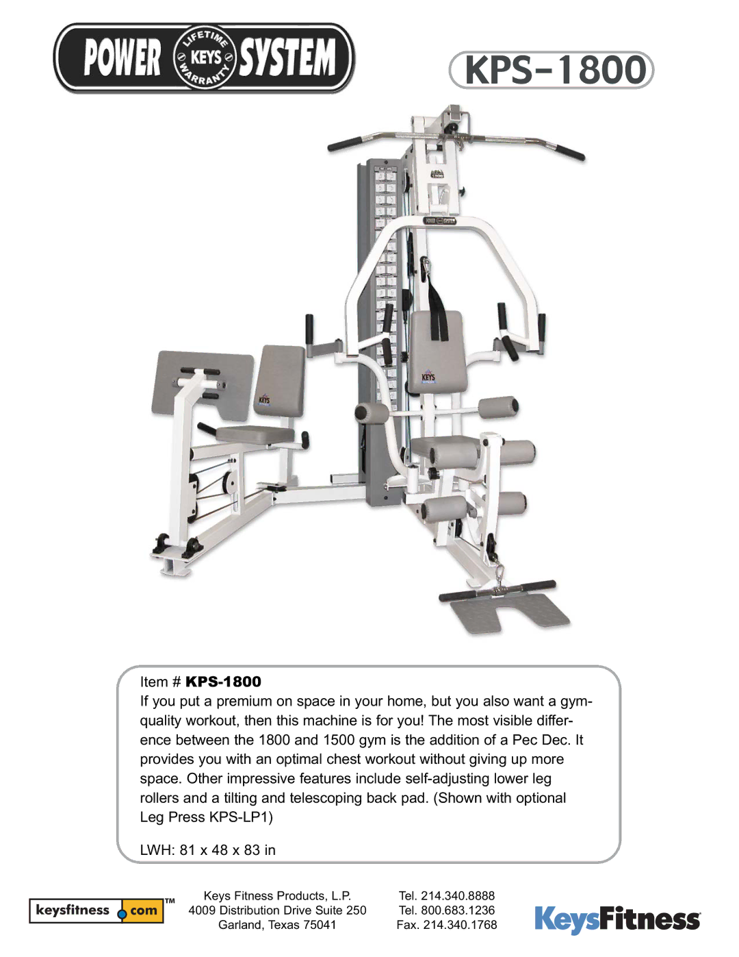 Keys Fitness manual Item # KPS-1800 