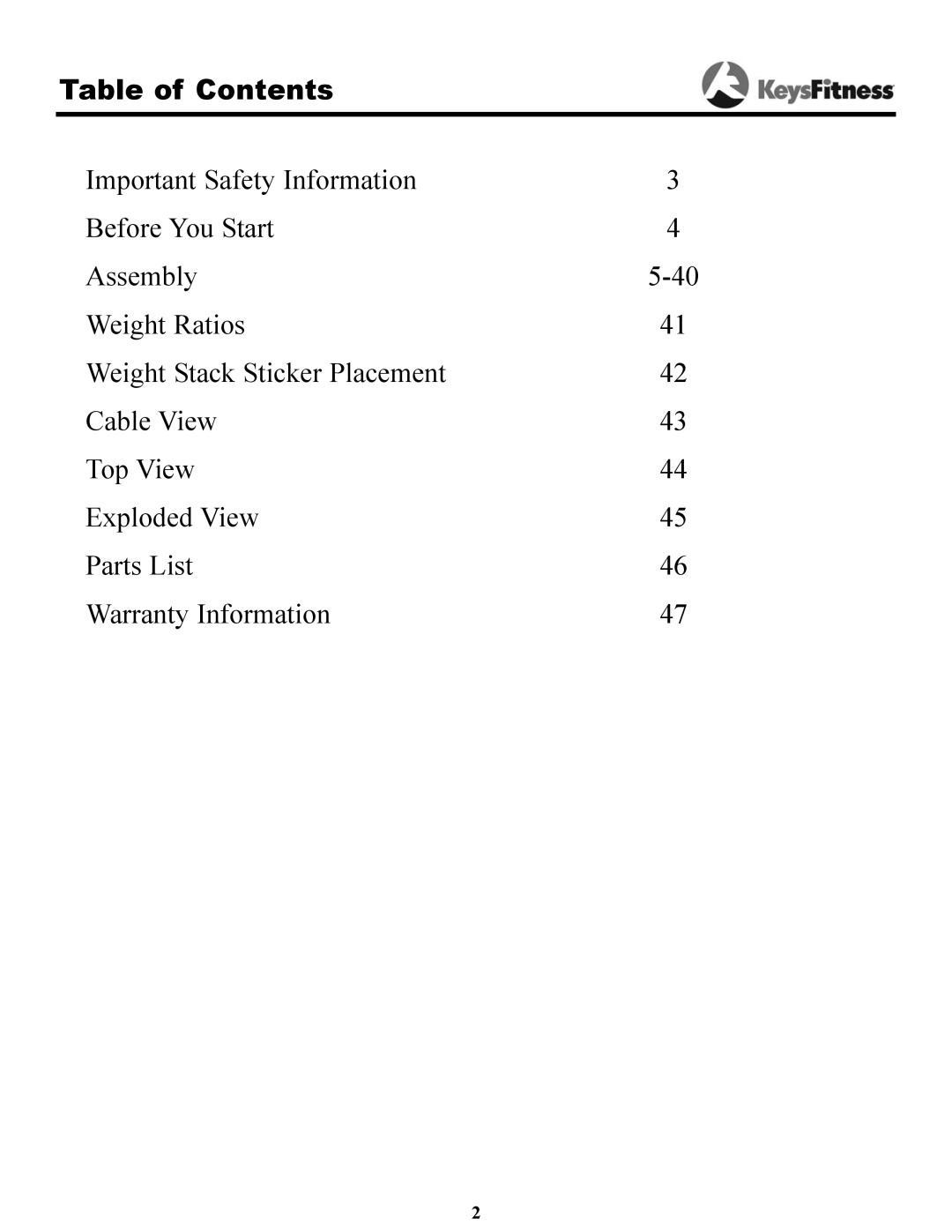 Keys Fitness KPS-2050 owner manual Table of Contents 