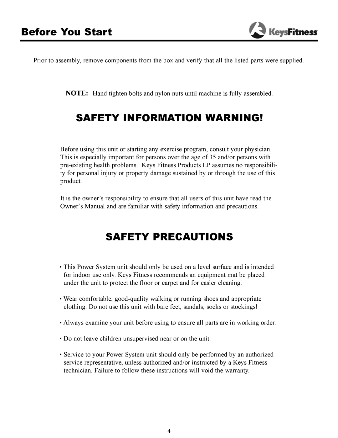 Keys Fitness KPS-2050 owner manual Before You Start, Safety Information Warning 