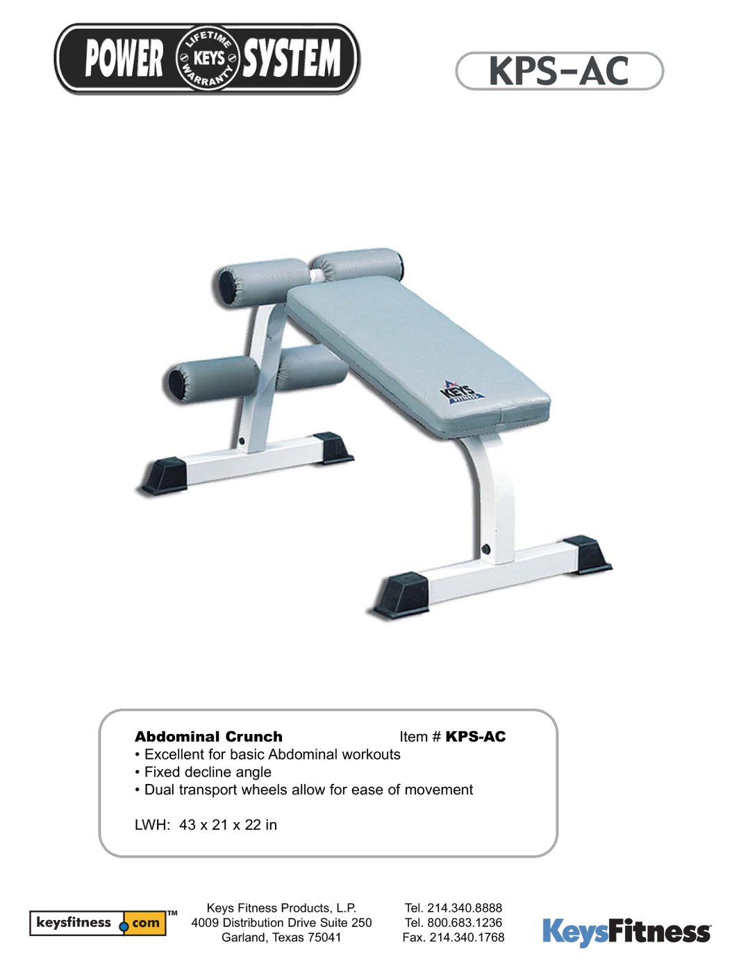 Keys Fitness manual Kps-Ac, Abdominal Crunch Item # KPS-AC 