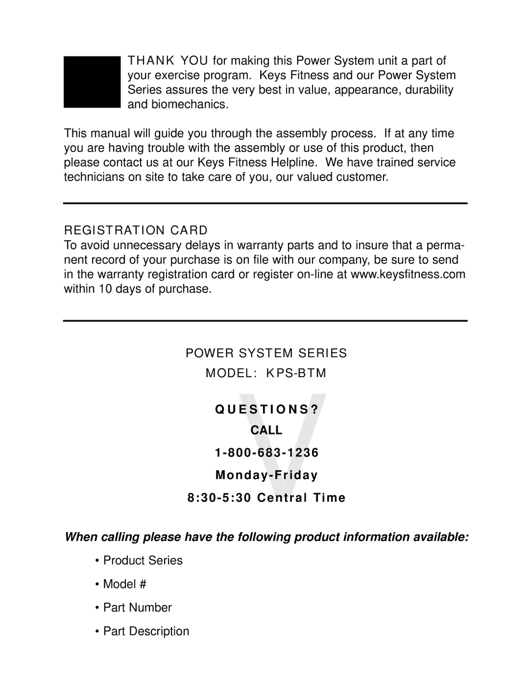 Keys Fitness manual Registration Card Power System Series Model KPS-BTM 