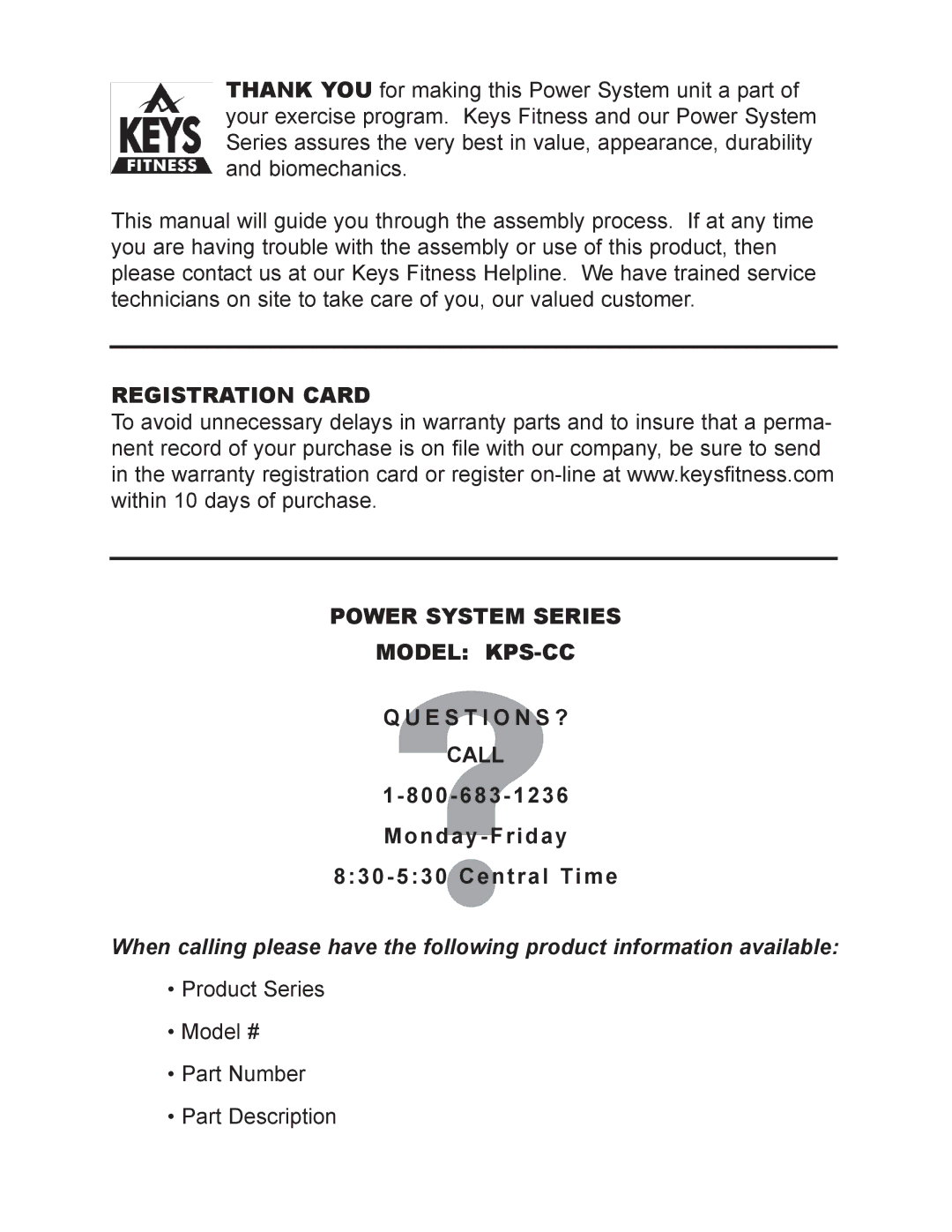 Keys Fitness owner manual Registration Card Power System Series Model KPS-CC 