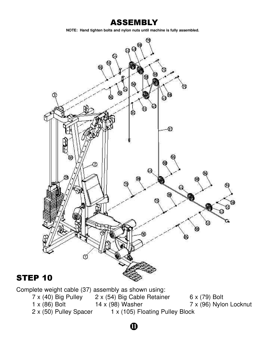 Keys Fitness KPS-CG owner manual Assembly, Step, Complete weight cable 37 assembly as shown using 