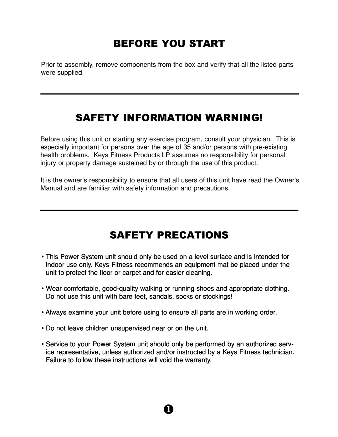 Keys Fitness KPS-CG owner manual Before You Start, Safety Information Warning, Safety Precations 