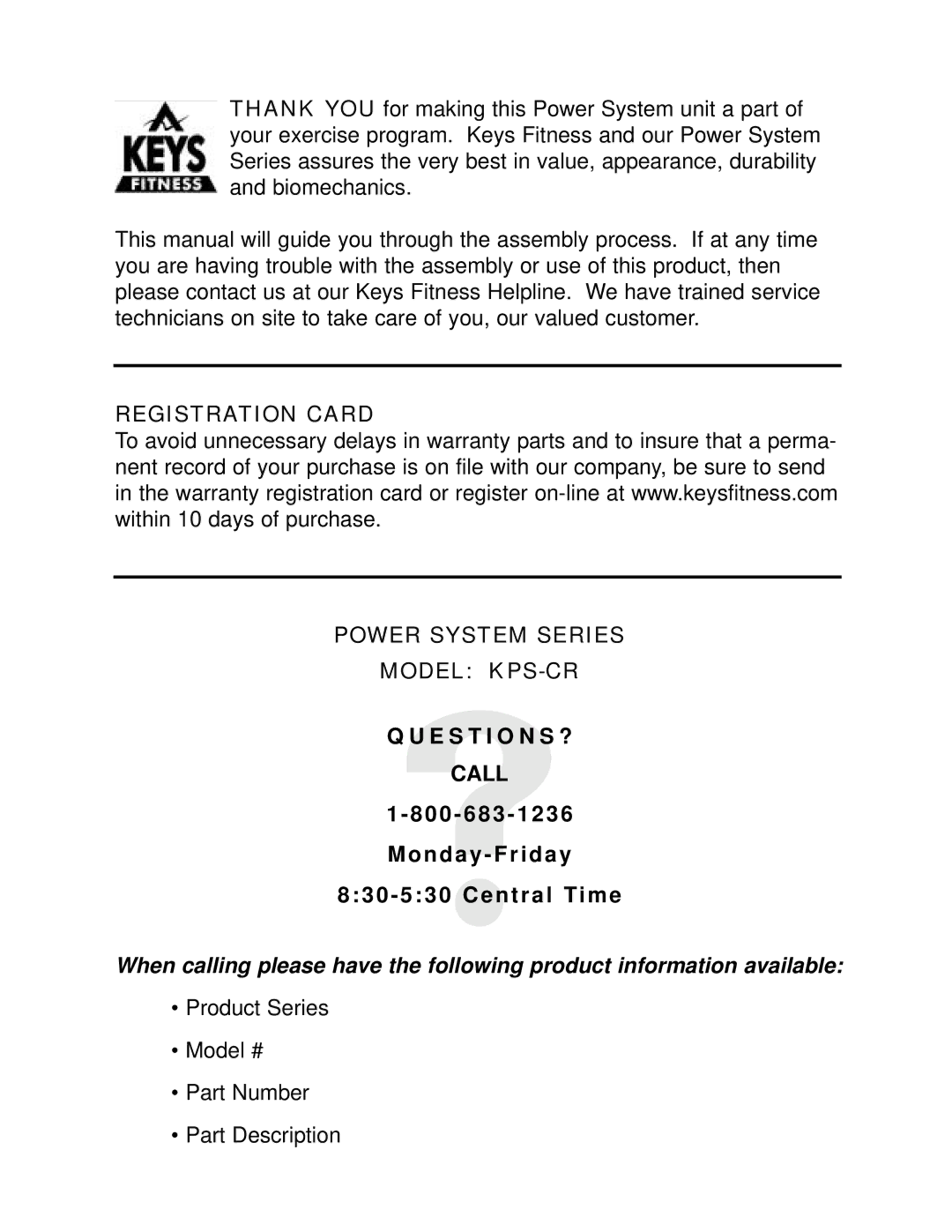 Keys Fitness manual Registration Card Power System Series Model KPS-CR 