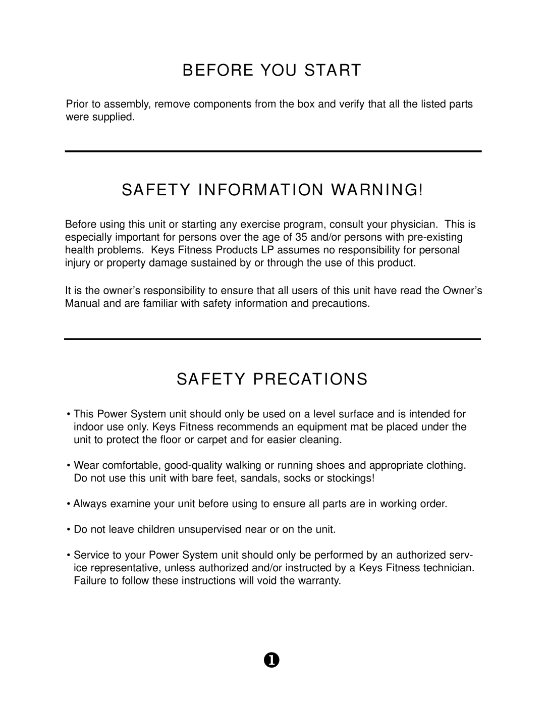 Keys Fitness KPS-CR manual Before YOU Start, Safety Information Warning, Safety Precations 