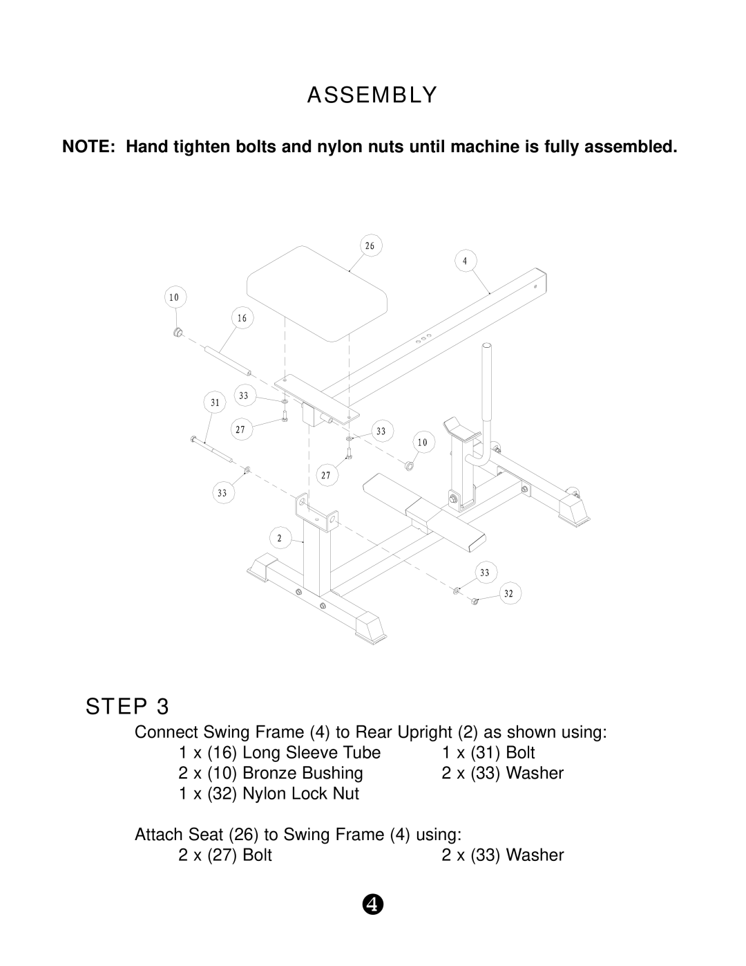 Keys Fitness KPS-CR manual Nylon Lock Nut Attach Seat 26 to Swing Frame 4 using Bolt 