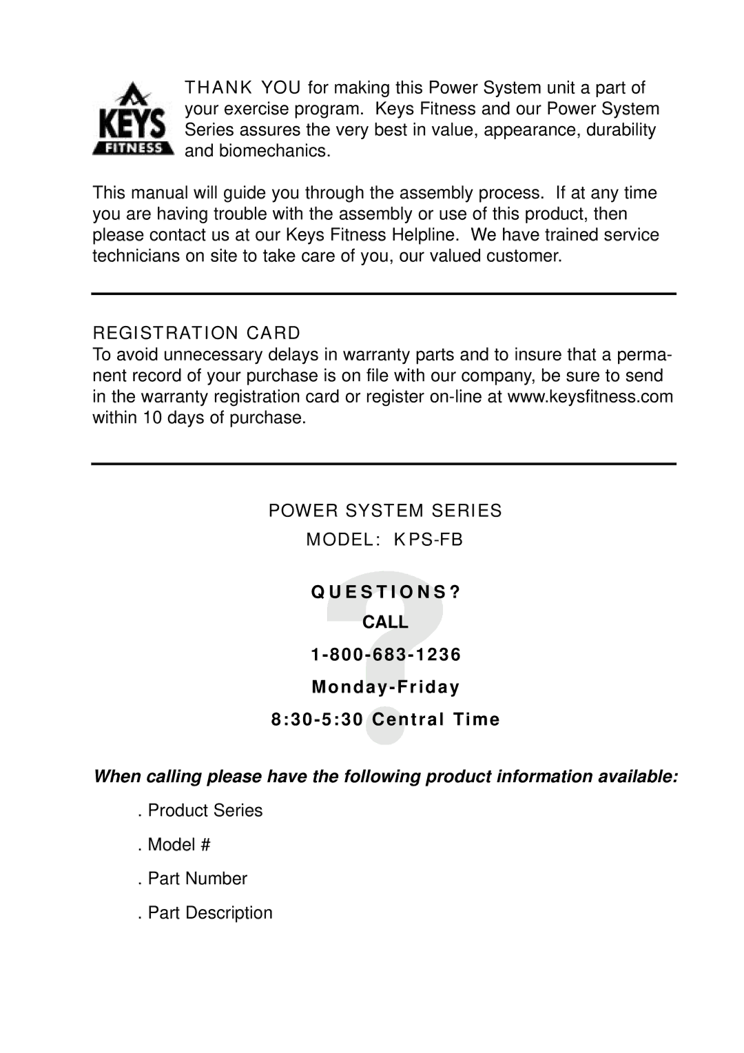 Keys Fitness manual Registration Card Power System Series Model KPS-FB 