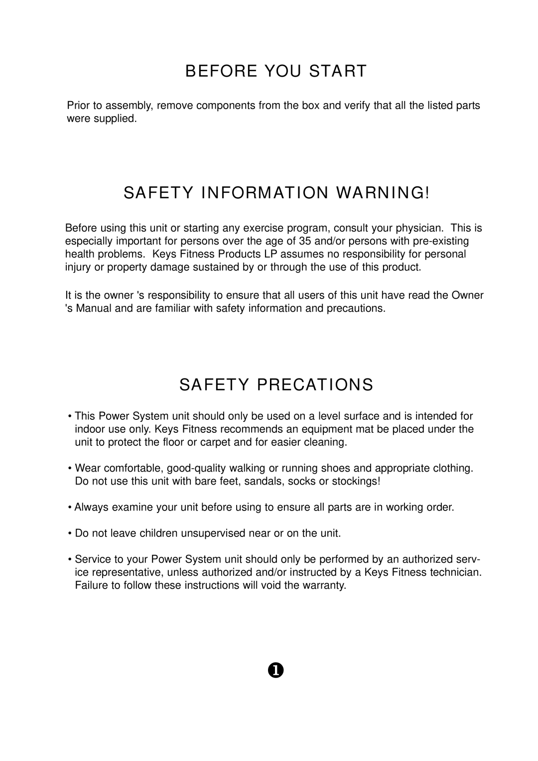 Keys Fitness KPS-FB manual Before YOU Start, Safety Information Warning, Safety Precations 