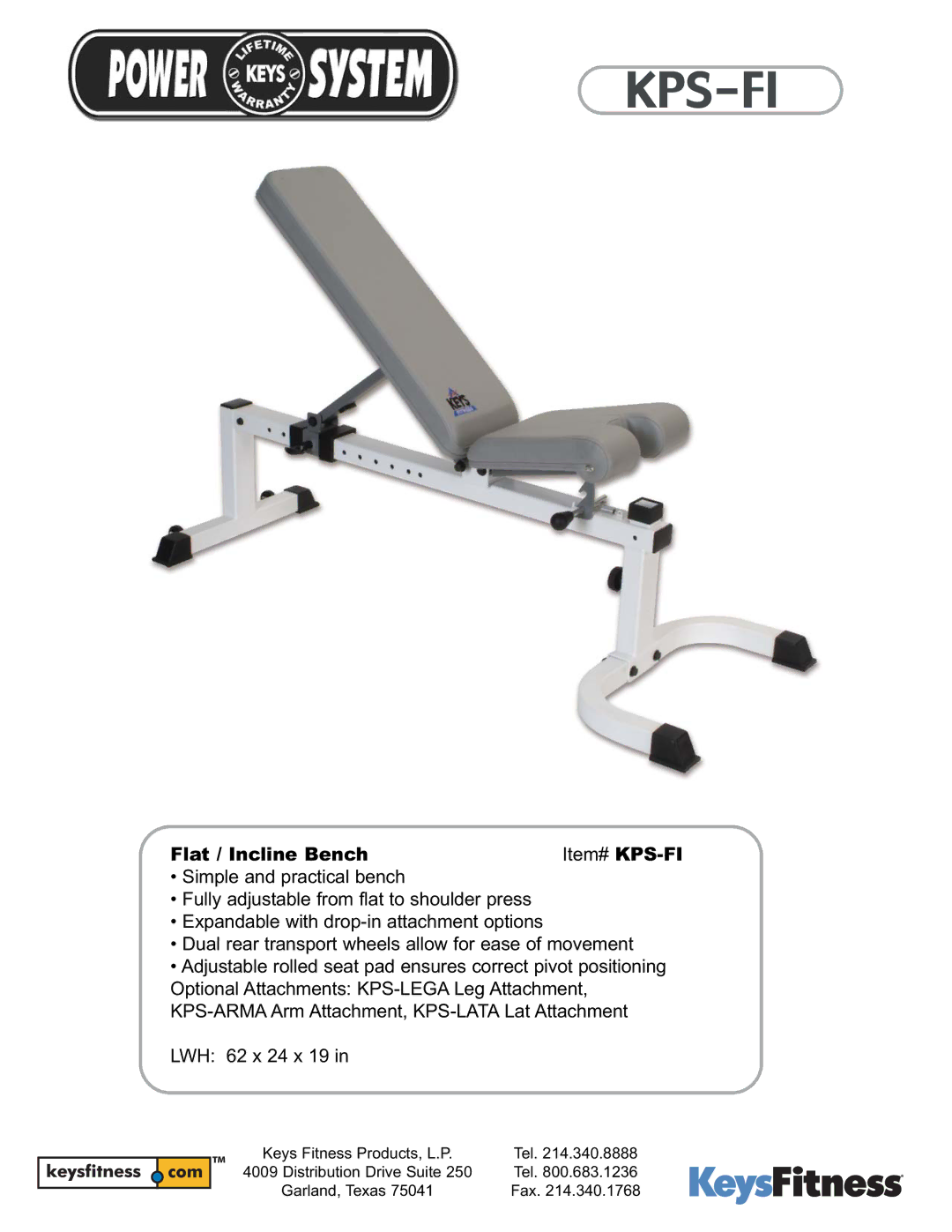 Keys Fitness manual Kps-Fi, Flat / Incline Bench Item# KPS-FI 